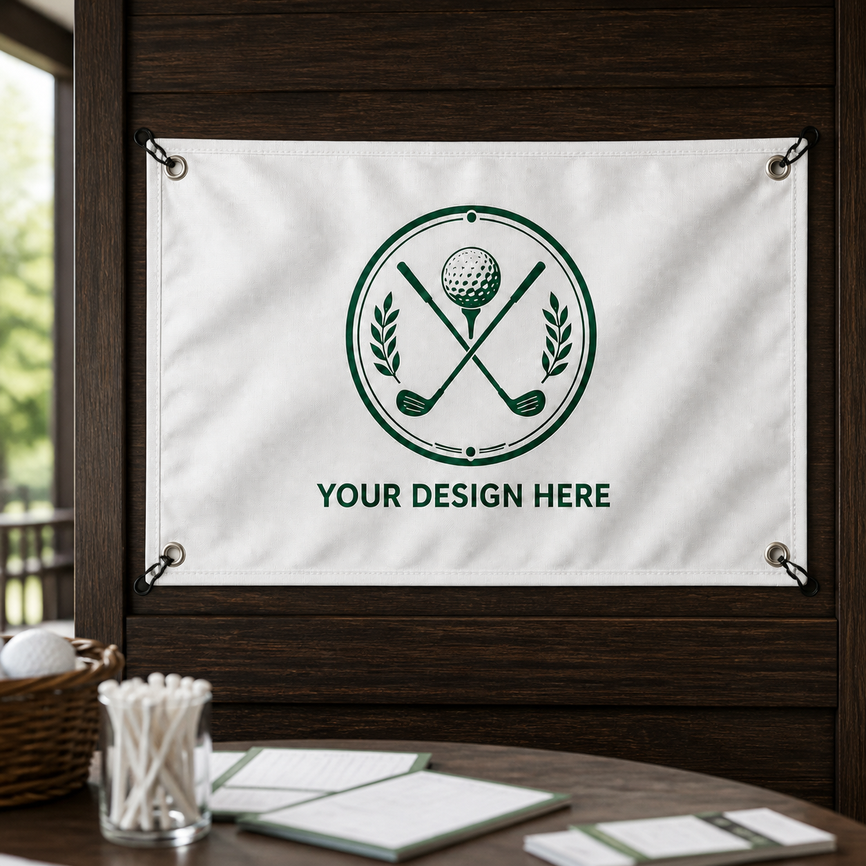 Personalized golf flag at a clubhouse tournament check-in