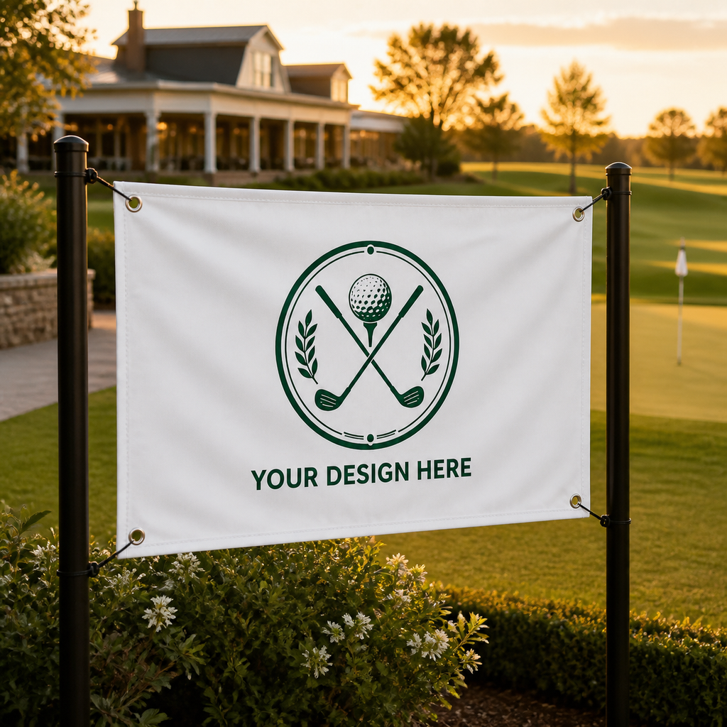 Custom golf flag displayed at a golf course