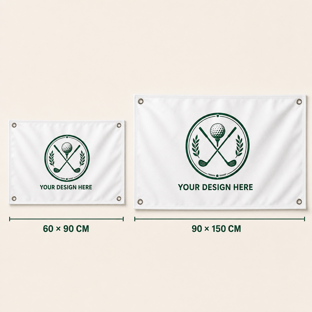 Custom golf flag size comparison 60 by 90 and 90 by 150 centimeters
