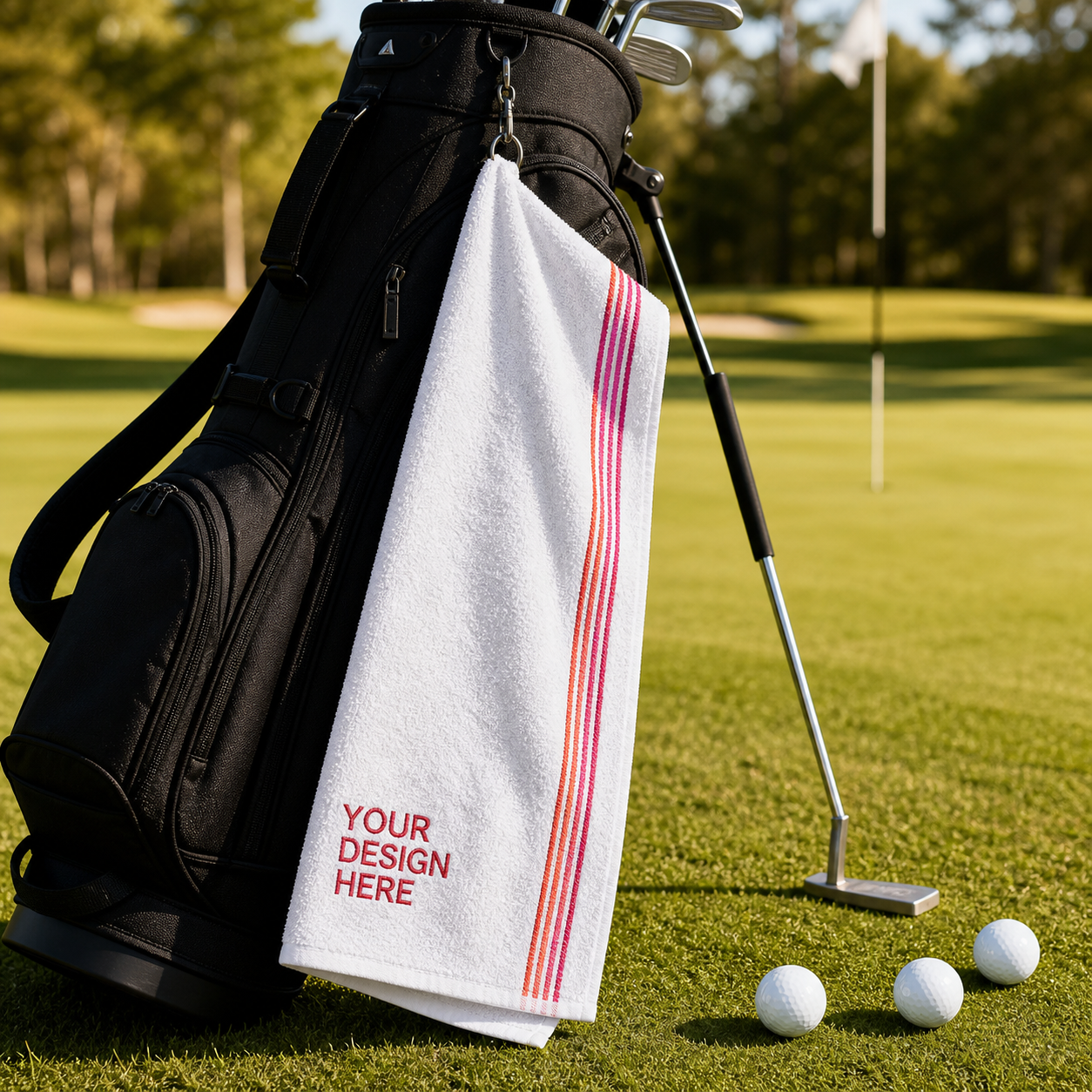 Custom striped golf towel on an unbranded golf bag