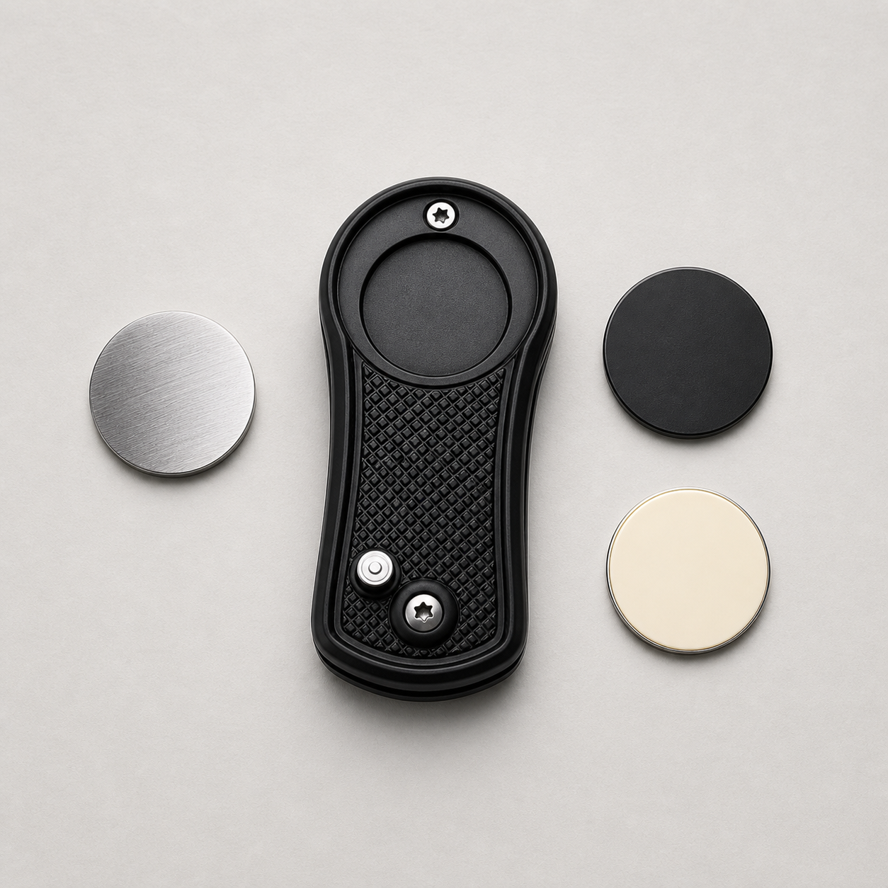 Blank interchangeable ball marker surfaces for custom logo artwork