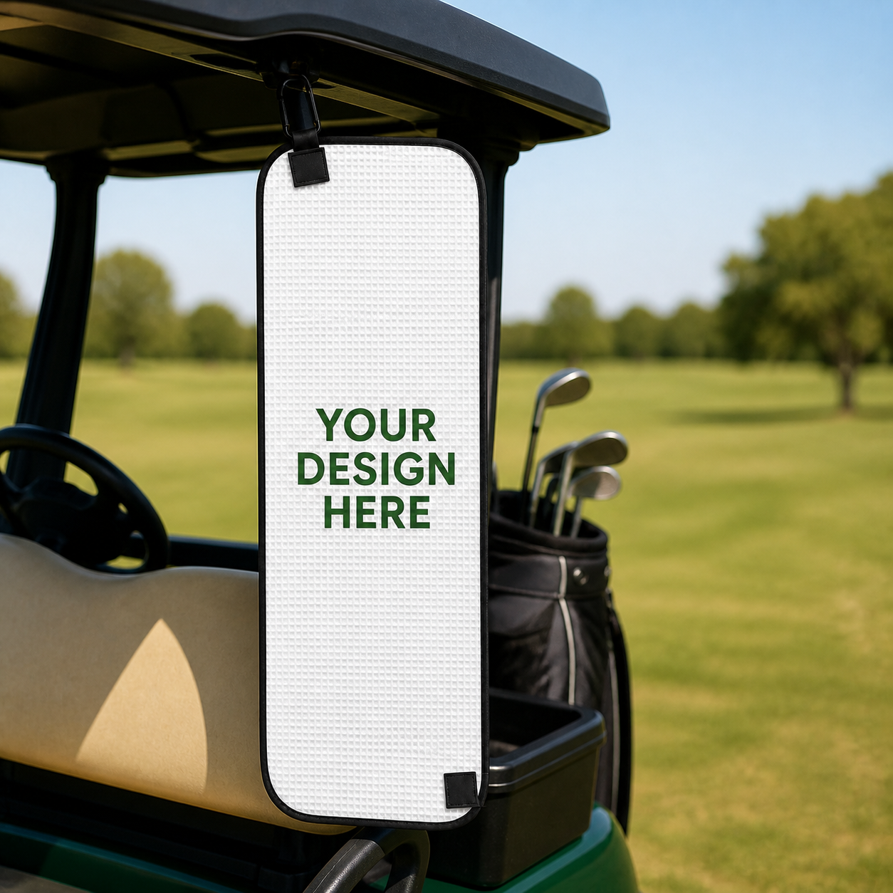 Custom magnetic golf towel attached to a golf cart with carabiner