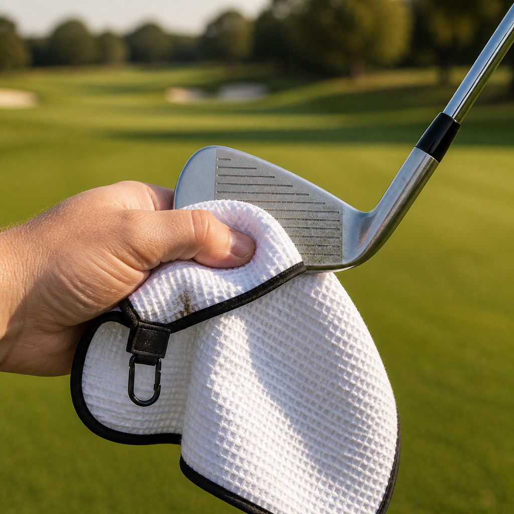 White waffle golf towel cleaning the grooves of an iron