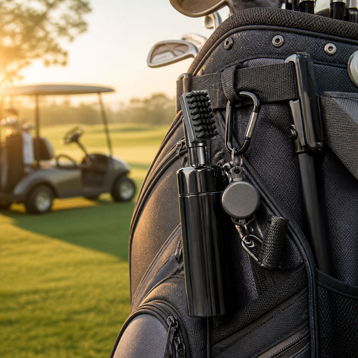 Retractable press-to-spray golf brush clipped to a golf bag