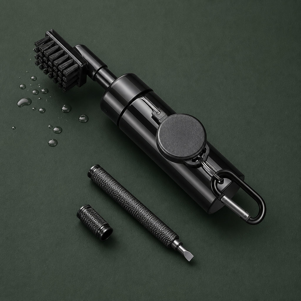 Golf cleaning brush set detail with refillable reservoir retractable reel and groove tool