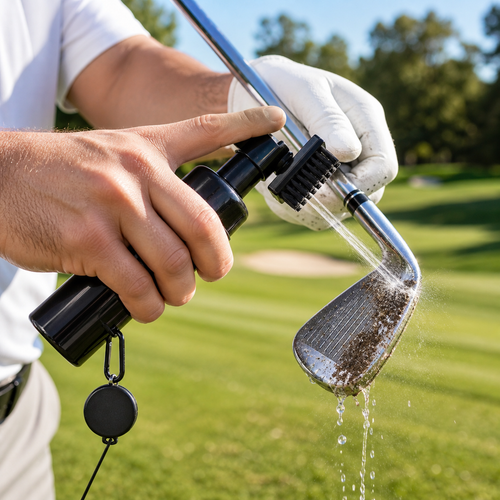 Press-to-spray golf brush cleaning mud from an iron clubface
