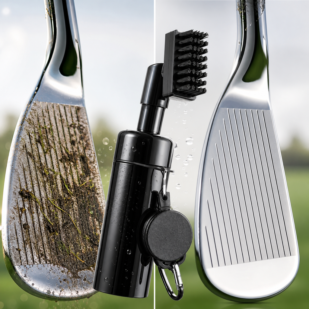 Dirty and clean golf club grooves beside a press-to-spray brush