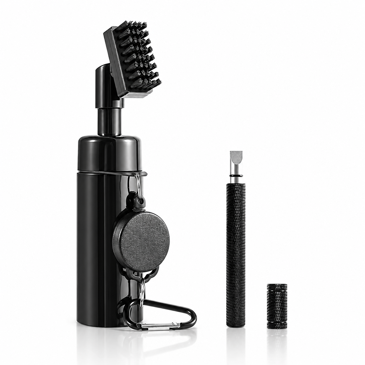 Black press-to-spray golf club cleaning brush set with retractable reel and groove cleaner