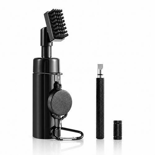 Black press-to-spray golf club cleaning brush set with retractable reel and groove cleaner