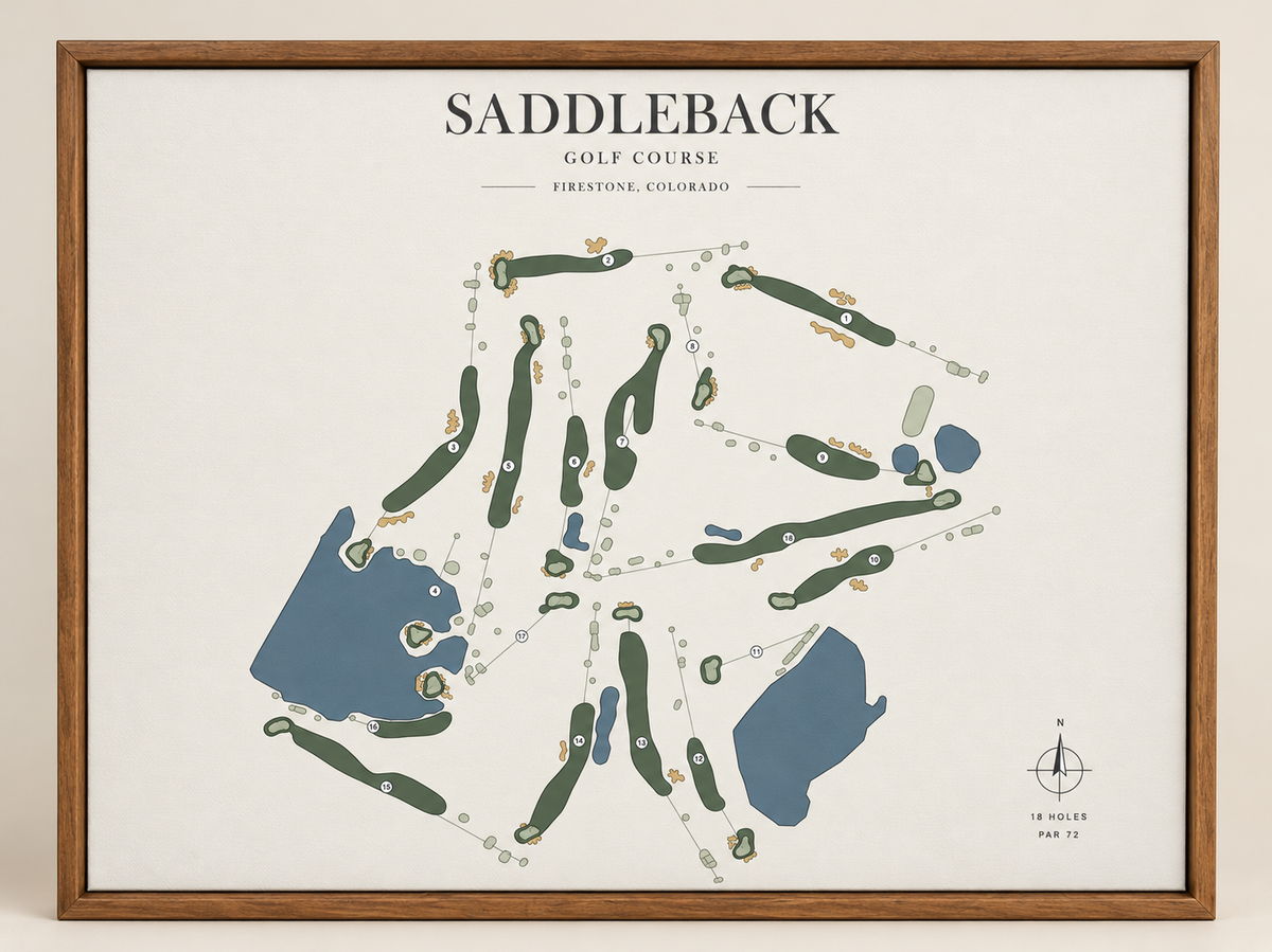 Saddleback Golf Course canvas wall art in a natural wood frame, front view on an ivory background