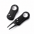 Black folding golf divot repair tool with blank silver magnetic ball marker