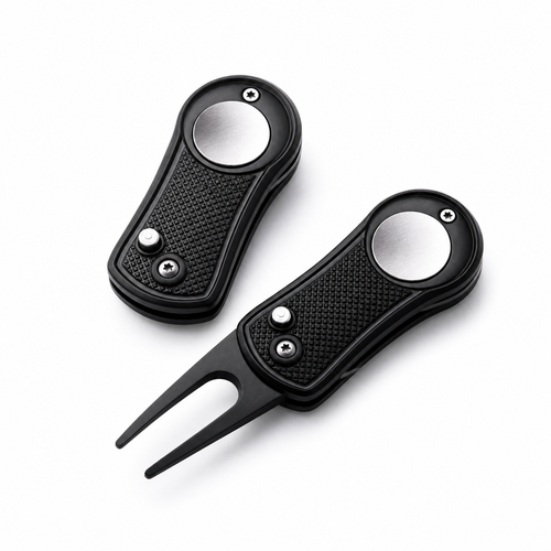 Black folding golf divot repair tool with blank silver magnetic ball marker