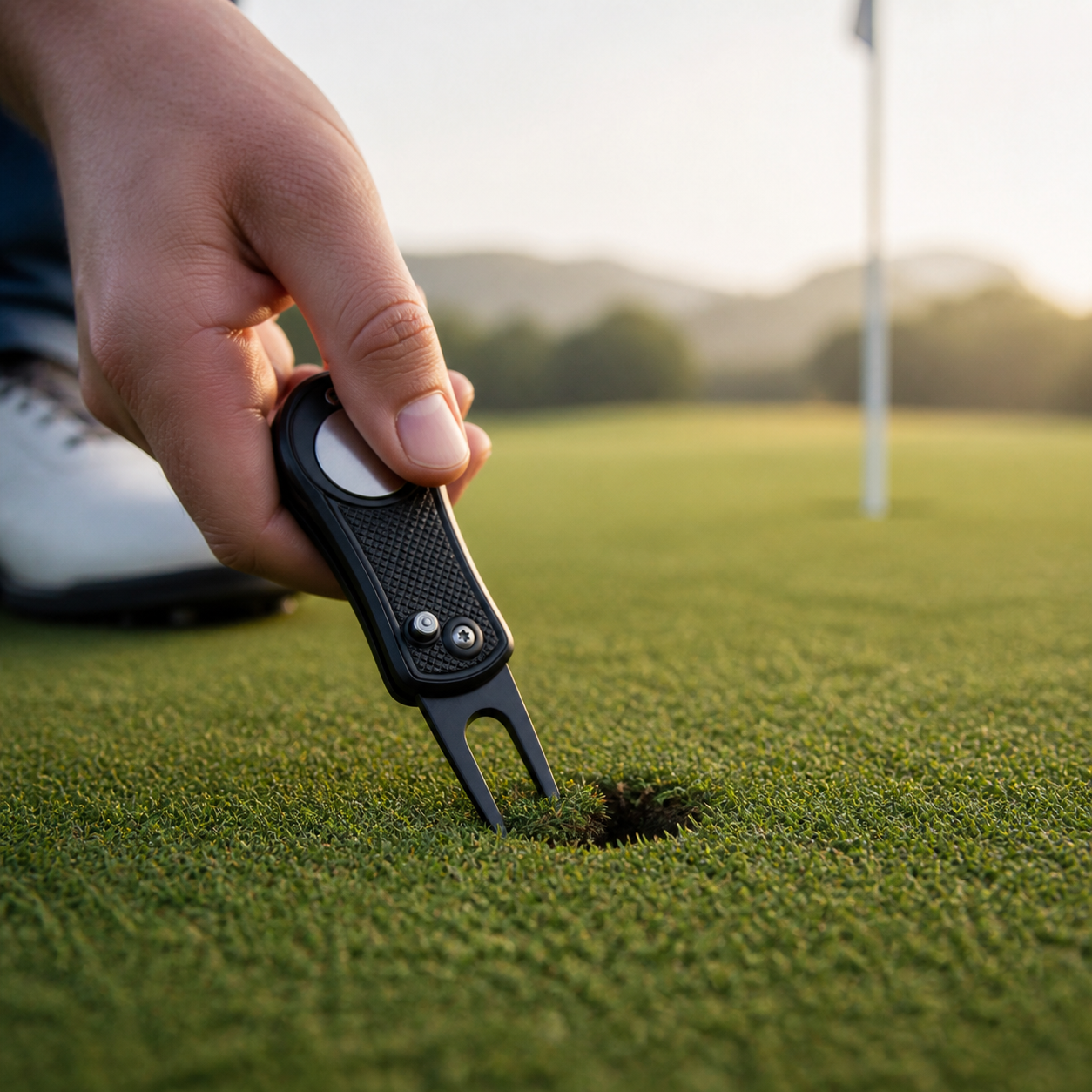 Golfer using folding divot tool to repair a pitch mark on the green
