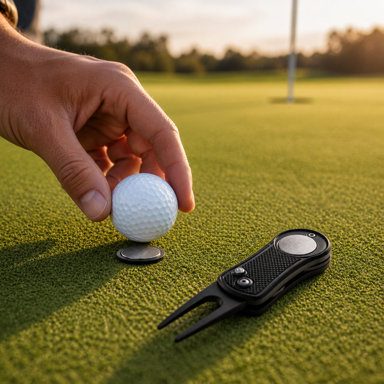 Blank silver ball marker marking a golf ball position on the putting green