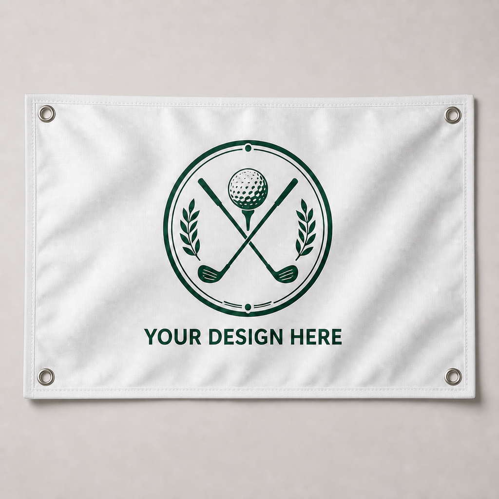 Personalized solid-white golf flag with four corner grommets