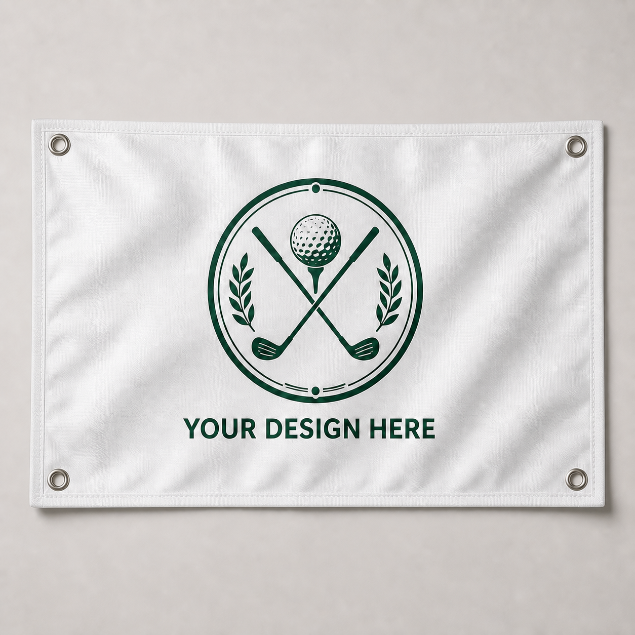 Personalized solid-white golf flag with four corner grommets