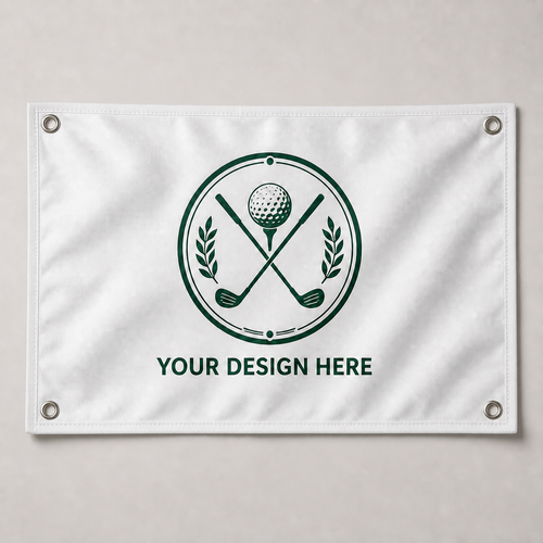 Personalized solid-white golf flag with four corner grommets