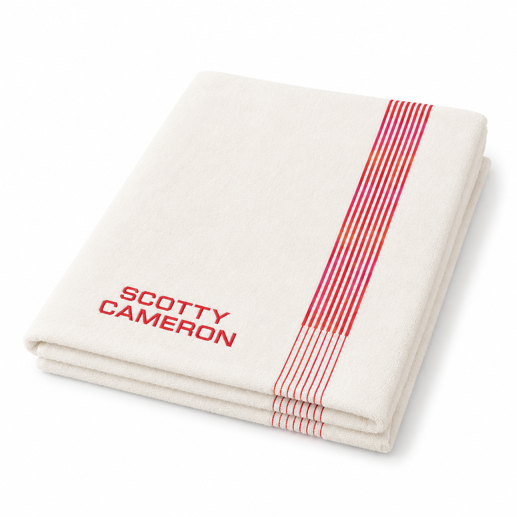 Folded Scotty Cameron striped cotton golf towel