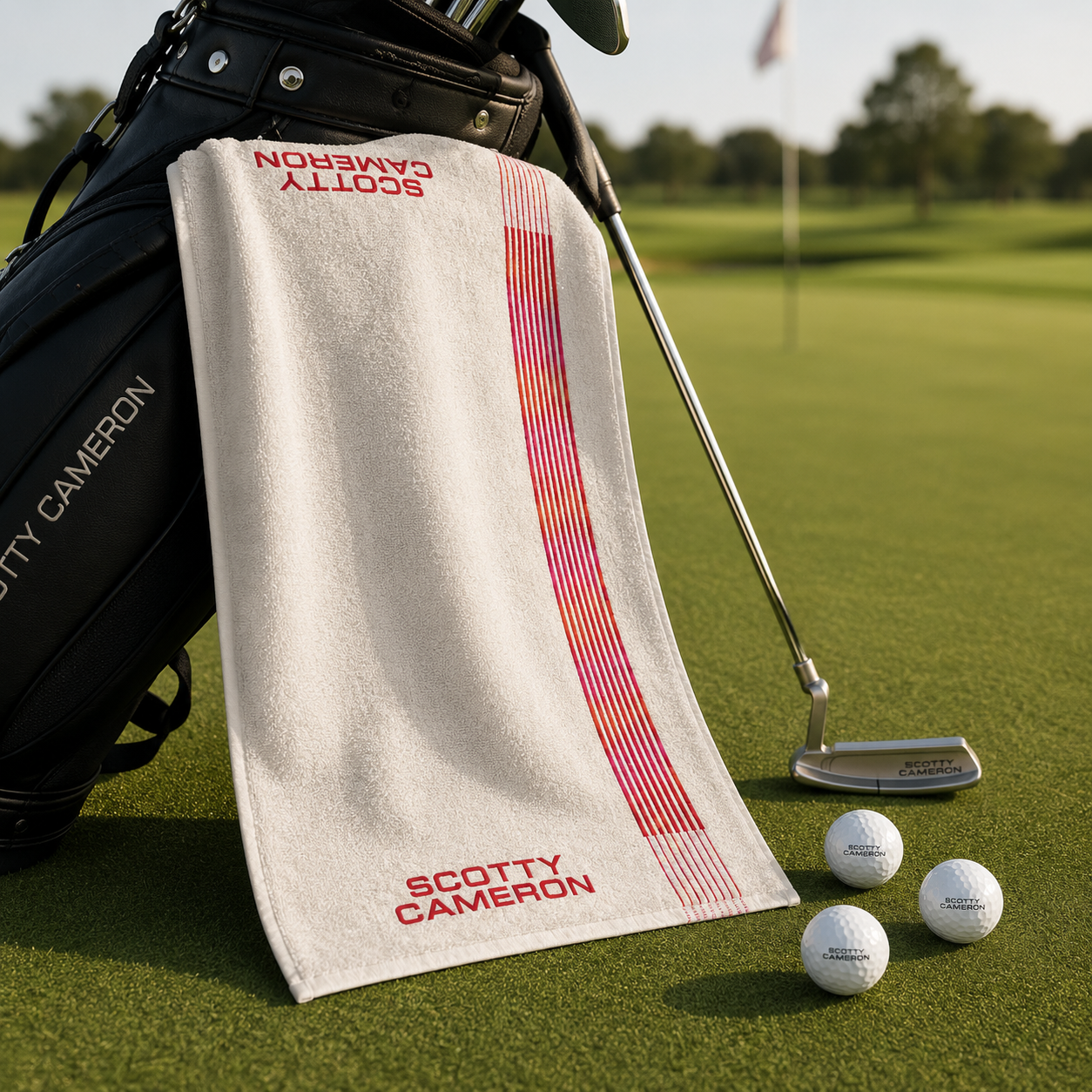Scotty Cameron striped cotton golf towel on golf bag