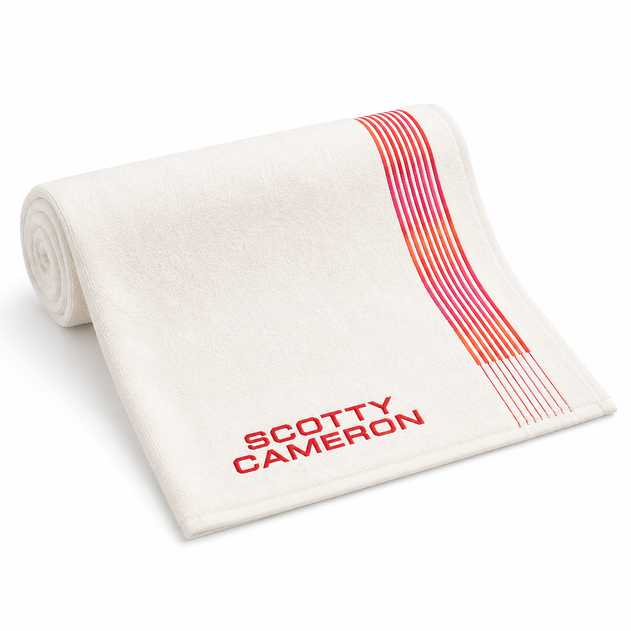 Rolled Scotty Cameron striped cotton golf towel